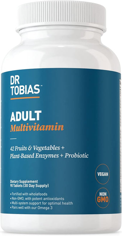 Dr. Tobias Adult Multivitamin for Women & Men, Energy & Immune Support from 42 Fruits & Vegetables Plus Probiotics, Comprehensive Daily Multivitamins for Men & Women, Non-GMO, 90 Tablets, 30 Servings