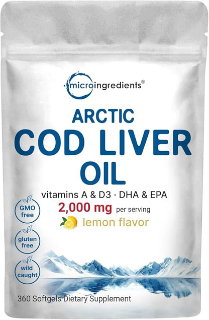 Cod Liver Oil 2,000mg Per Serving, 360 Softgels | Lemon Flavored – Burpless – Wild Caught – Arctic Deep Sea Fish | High in Omega 3, EPA, DHA, Vitamins A, & D3 | Heart, Brain, & Immune Supplement