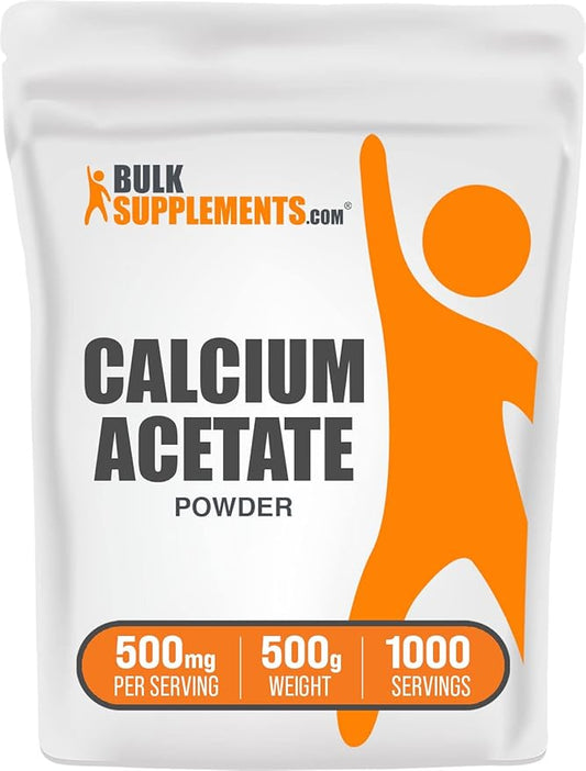 BulkSupplements.com Calcium Acetate Powder - Calcium Supplement, Calcium Acetate Supplement - Food Grade & Gluten Free, 500mg (125mg Calcium) per Serving, 500g (1.1 lbs) (Pack of 1)