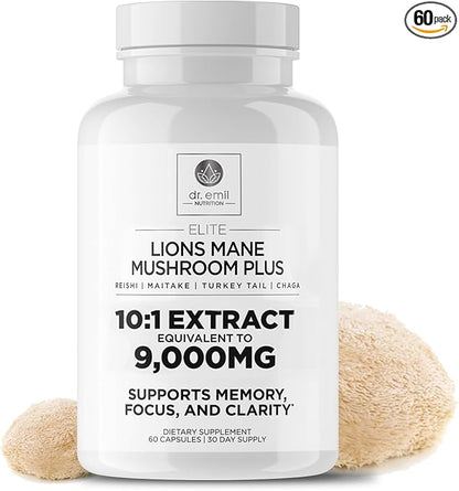 DR. EMIL NUTRITION 9000mg Organic Lions Mane Supplement Capsules with Chaga, Reishi & Maitake - Natural Mushroom Blend for Wellness Support