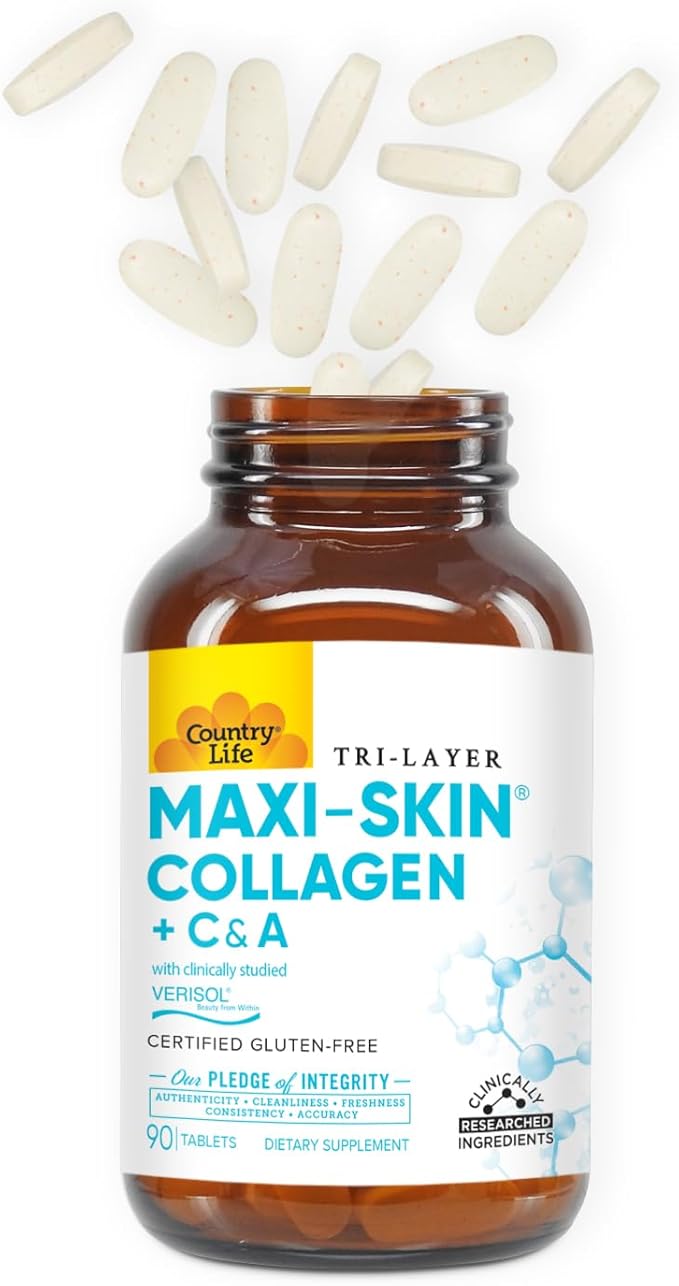 Country Life Verisol Collagen Peptides Tablets - Reduce Depth of W[KB2] rinkles & Enhance Skin Elasticity-90 Tablets-Includes Vitamin A&C - Collagen Powder for Women & Men - Boost Skin Collagen by 60%
