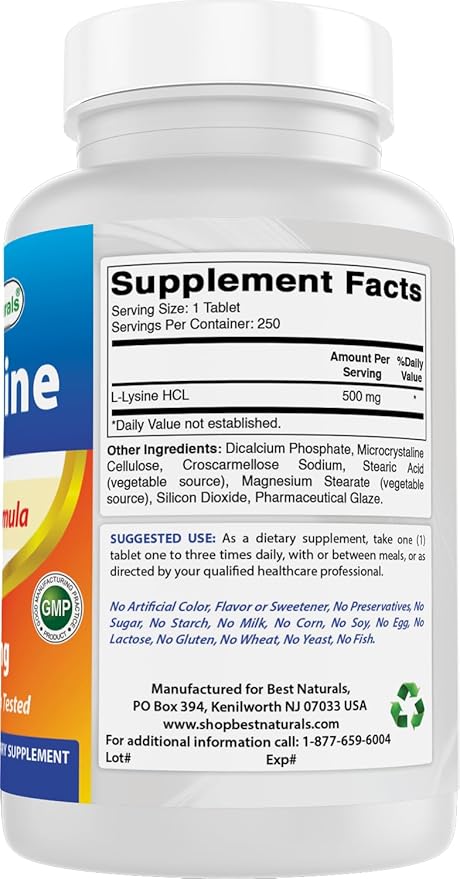 Best Naturals L-Lysine 500 mg 250 Tablets (250 Count (Pack of 3))