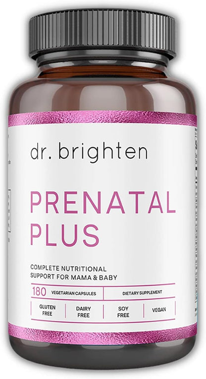 Dr. Brighten Prenatal Plus - Women’s Formulation, Active B Vitamins, Minerals, Antioxidants for Pregnant or Nursing Mothers, Non-GMO Vegan, No Gluten, No Soy - 180 Capsules