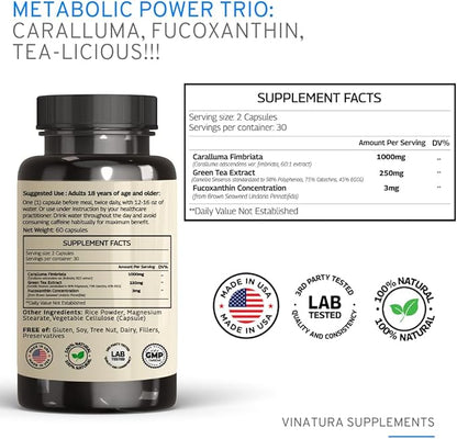 Caralluma Fimbriata, EGCG 45% Extract 1250mg + Fucoxanthin 3mg per Serving *USA Made & Tested* for Immune Support, Energy and Mental Focus - 60 Capsules 30 Servings