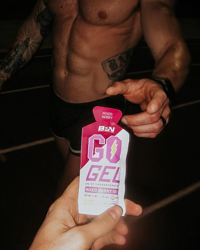 BARE PERFORMANCE NUTRITION, BPN Go Gel Endurance Gel Caffeinated, Vegan + Gluten Free Running Gel with 24g of Carbohydrates & 100 Calories per Gel Pack, 10 Single-Serving Gel Packs, Mixed Berry