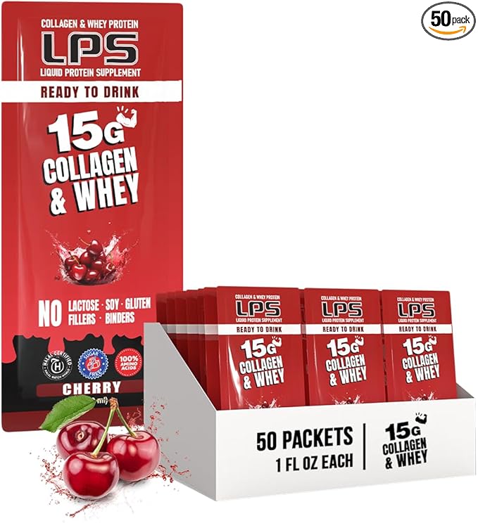Nutritional Designs LPS Liquid Collagen & Whey Protein Supplement - Non-GMO Drink, Sugar-Free - Promotes Healthy Skin & Hair for Men & Women, Single Serve (Cherry, 50 Packets)