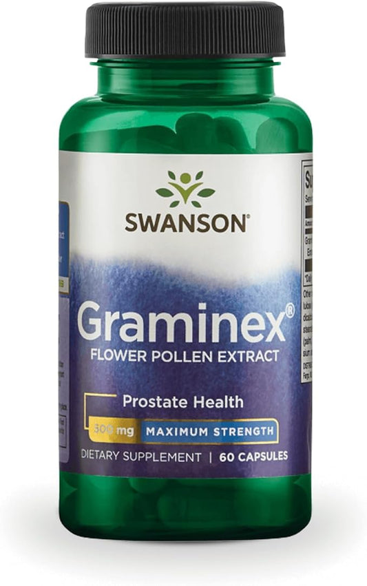 Swanson Maximum Strength Graminex Flower Pollen Extract - Supports Prostate Health, Urinary Tract Function, and Kidney Health - Mens Health Supplement - (60 Capsules, 500mg Each)