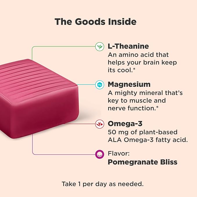 OLLY Chill Thinker Brainy Chews, Plus L-Theanine, Magnesium & Omega-3 for a Relaxed State of Mind, Pomegranate Blueberry Flavor, 20 Count
