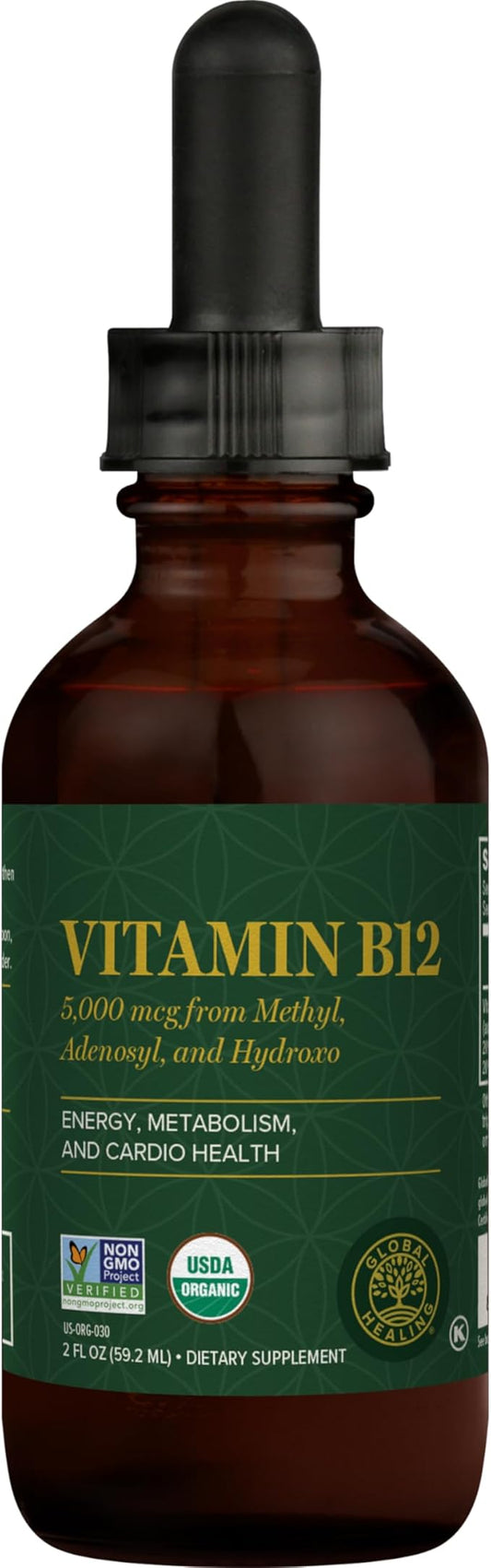 Global Healing Organic Vitamin B12 5000 mcg Sublingual Liquid - Methylcobalamin, Adenosylcobalamin, Hydroxo Blend - Methylated Drops for Adults - Vegan, Non-GMO, VIT B12, Vitamins Supplement (2 Oz)