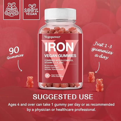 Vegan Iron Gummies Supplement - Multivitamin with Iron for Women & Kids - Blood Builder & Energy Support for Iron Deficiency, Anemia, No After Taste - Peach Flavor（2 Packs）