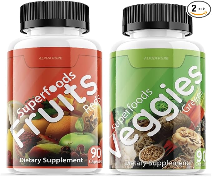 Superfoods Reds Fruits and Greens 180 Capsules Vegetables Fruits and Veggies Superfood | Natural Balance of 90 Fruit Capsules, 90 Veggie Capsules for Men, Women Vitamins and Minerals