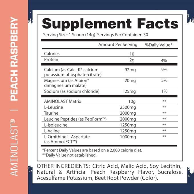 Gaspari Nutrition: AminoLast, Muscle Recovery and Endurance BCAA Fuel, Enhances Recovery & Replenishes Electrolytes, 30 Servings (Peach Raspberry)