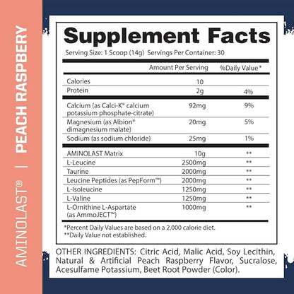 Gaspari Nutrition: AminoLast, Muscle Recovery and Endurance BCAA Fuel, Enhances Recovery & Replenishes Electrolytes, 30 Servings (Peach Raspberry)