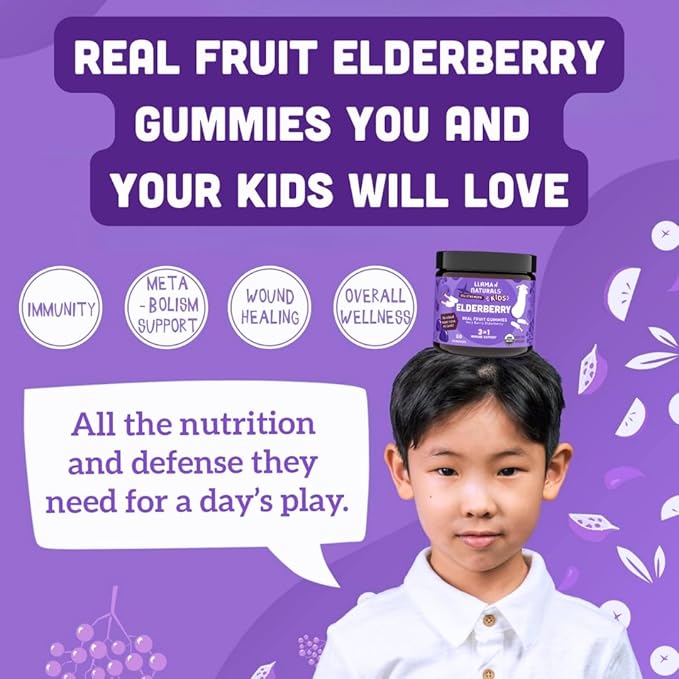 Llama Naturals Real Fruit Sambucus Elderberry Gummies for Kids, No Added Sugar Cane, Vegan, Organic Toddler Immune Support, Zinc & Vitamin C Children 120 Count (2-4 Month Supply)