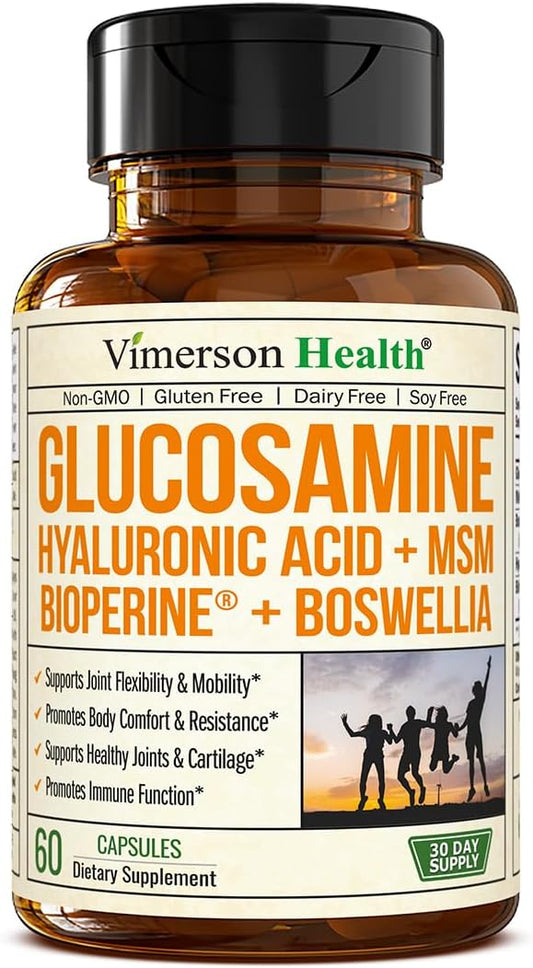 Glucosamine Sulfate with Hyaluronic Acid, Bioperine, MSM & Boswellia. 5-in-One Joint Support Supplement. Antioxidant & Inflammatory Support - Joint Health, Flexibility and Comfort. 60 Capsules