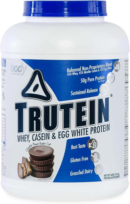 Body Nutrition Trutein High Protein Powder: 45% Whey, 45% Casein, 10% Egg White Protein Shake Mix, Gluten-Free, Low Sodium, Low Carb Protein Supplement for Men & Women, Chocolate Peanut Butter, 4lb