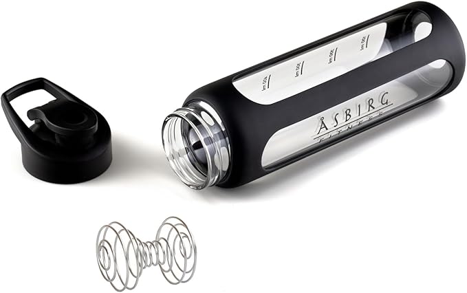 Fitness | Protein Shaker Made of Glass | Protein Shaker | Drinking Bottle | with Spiral Ball | Black