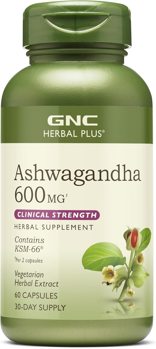 GNC Herbal Plus Ashwagandha 600mg, Stress Relief Support, 60 Capsules