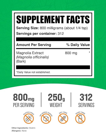 BulkSupplements.com Magnolia Bark Extract Powder - Magnolia Officinalis, Magnolia Bark Supplement, Magnolia Extract - Gluten Free, 800mg per Serving, 250g (8.8 oz) (Pack of 1)