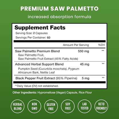 Saw Palmetto Supplement for Prostate Health [Extra Strength] 600mg Complex with Extract, Berry Powder & Herbs - Supports Healthy Urination Frequency, DHT Blocker & Hair Loss Prevention - 120 Capsules