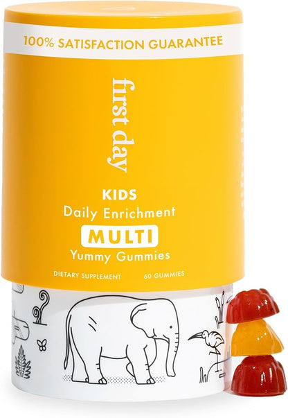 FIRST DAY Kids Daily Multivitamin Gummies – Vitamin A, D3, B6, B12, C, K2 & More to Support Growth, Brain Function, Immunity – Made w/Organic Fruits & Veggies, Only 2g Sugar – 30 Day Supply