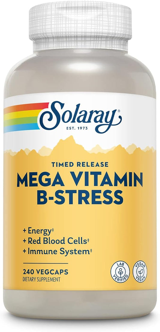 SOLARAY Mega Vitamin B-Stress - Timed Release Vitamin B Complex w/Vitamin B12, B6, Folic Acid, VIT. C - Stress, Energy, Red Blood Cell, Immune Support - Vegan, 60-Day Guarantee (240 CT)