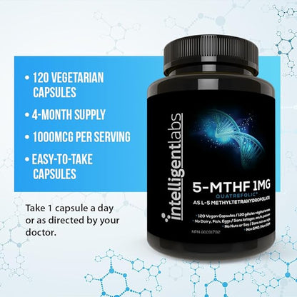 Intelligent Labs 1MG 5-MTHF Methylfolate, 120 Capsules, 4 Months Supply, Best Value Folic Acid Supplement as Quatrefolic Acid, Activated Folate, 1MG = 1000mcg, 5 methyltetrahydrofolate