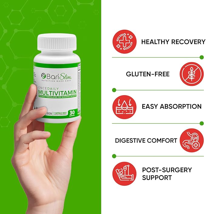 BariSlim Once Daily Bariatric Multivitamin Capsule - 60mg of Iron - Bariatric Vitamin & Supplement for Post Bariatric Surgery Including Gastric Bypass & Gastric Sleeve | 30 Day Supply