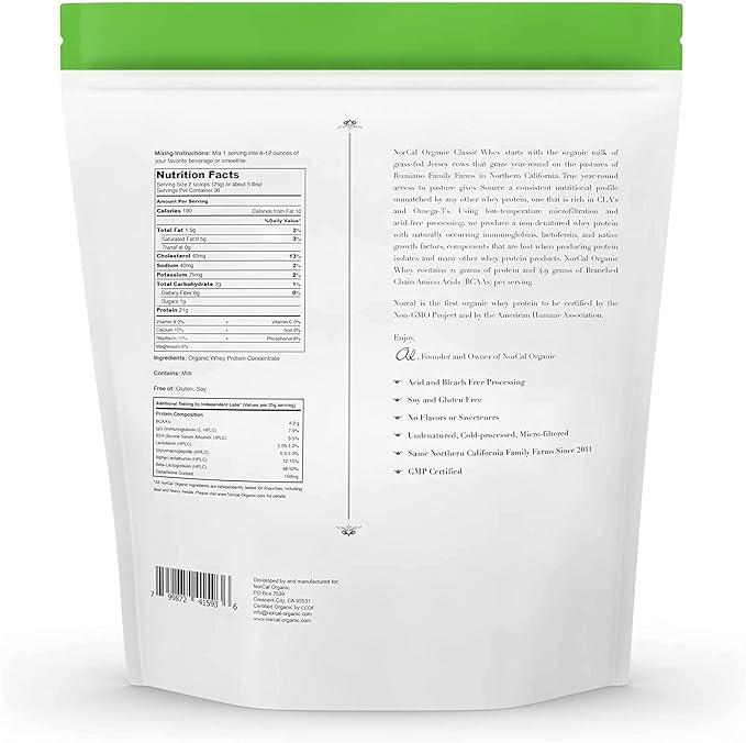 NorCal Organic - Classic Whey Protein - 100% Grass-Fed and Grass-Finished - UNFLAVORED - Lecithin-Free - 2lb Bulk