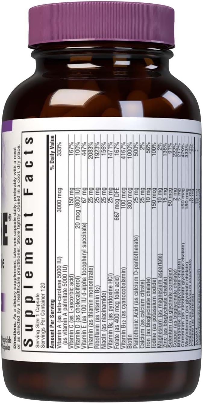 Bluebonnet Nutrition Multi One (With Iron) Vegetable Capsules, Complete Full Spectrum Multiple Vitamin Supplement, B Vitamins, Gluten & Milk free, kosher, 4 Month Supply, 120 Count