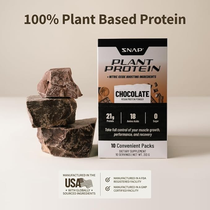 Snap Supplements 100% Plant Based Protein Powder Stick Packs with Nitric Oxide Booster (10 Pack, Chocolate)