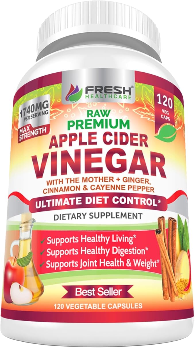 Apple Cider Vinegar Capsules Max 1740mg with Mother - 100% Natural & Raw with Cinnamon, Ginger & Cayenne Pepper - Ideal for Healthy Living, Detox & Digestion -120 Vegan Pills