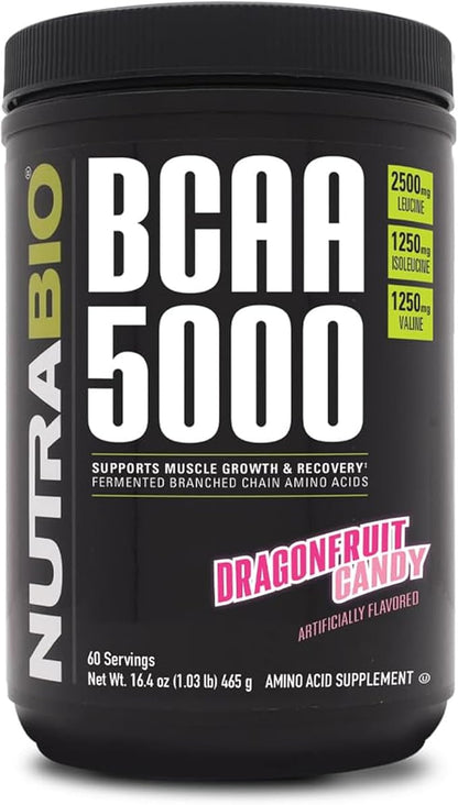 NutraBio BCAA 5000 Powder - Vegan Fermented BCAAs - Supports Lean Muscle Growth, Recovery, Endurance - 60 Servings - Dragonfruit Candy