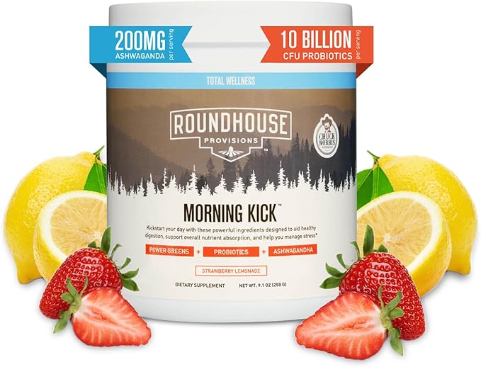 Morning Kick, Greens Superfood Powder Supplement with Ashwaganda, Collagen, Probiotics, Supports Energy Levels, 30 Servings (Strawberry Lemonade) by Chuck Norris