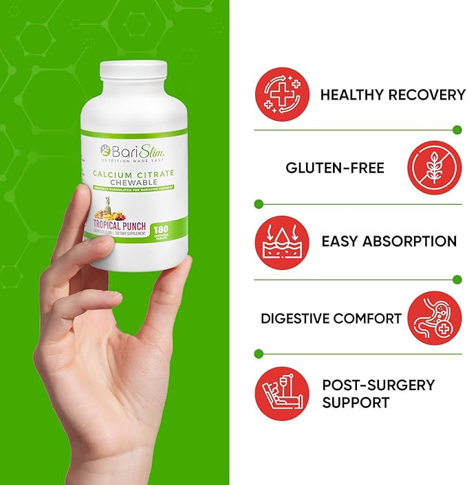 BariSlim Bariatric Calcium Citrate with Magnesium and Vitamin D Tabs - 500 mg of Calcium Citrate Per Serving - Formulated for Patients After Weight Loss Surgery | Tropical Punch (90 Servings)