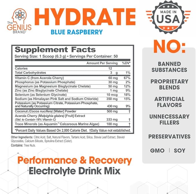 Genius Hydrate Powder Drink Mix Blue Raspberry 50 Servings - Natural Electrolyte Hydration Booster Endurance Supplement with Coconut Water Potassium Magnesium Zinc Sugar Free No Artificial Sweeteners