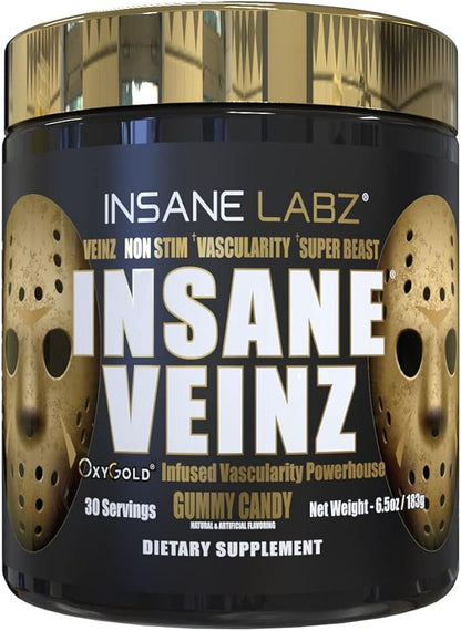 Insane Labz Psychotic Gold and Insane Veinz Gold Pre Workout Nitric Oxide Booster Stack, Increase Muscle Mass, Vascularity, Strength, Energy, Focus, Gummy Candy and Fruit Punch.