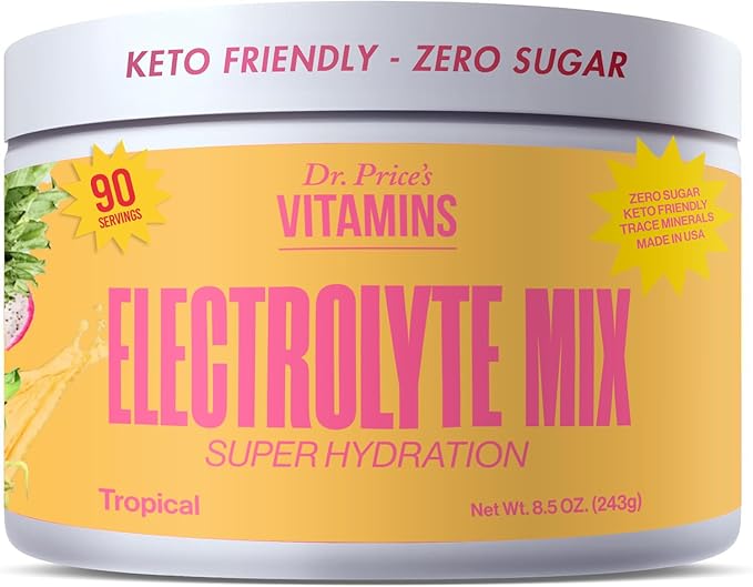 Dr. Price Electrolytes Powder No Sugar - Electrolyte Mix - Hydration Drink - Keto Electrolytes - Fasting Electrolytes - Water Enhancer, Non-GMO, Gluten Free, Sports Drink - 90 Servings - Tropical