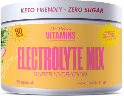 Dr. Price Electrolytes Powder No Sugar - Electrolyte Mix - Hydration Drink - Keto Electrolytes - Fasting Electrolytes - Water Enhancer, Non-GMO, Gluten Free, Sports Drink - 90 Servings - Tropical