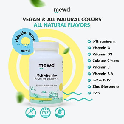 MEWD Adult Daily Multivitamin Gummy which Includes L-Theanine, Iron, Essential Vitamins, Vegan, Gluten Free, 60 Count