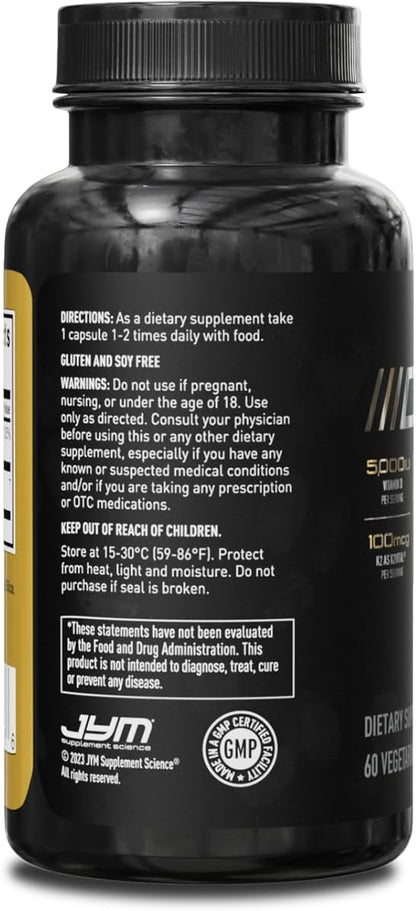 JYM D3 + K2 with 5000iu D3 & 100mcg of Vitamin K2 as MK-7, Bone, Cardiovascular + Immune Health for Men & Women, Softgel