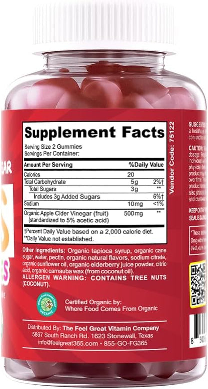 Organic Kids Apple Cider Vinegar Gummies by Feel Great Vitamins | Rich in Digestive Enzymes & Natural Antioxidants for Gut Health | Kids Gummy Supports Healthy Nutrient Absorption | 60 Day Supply