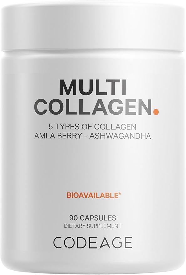 Codeage Multi Collagen Peptides Protein Capsules, 5 Collagen Types, Grass-Fed & Hydrolyzed Bovine Collagen Pills Supplement, Ashwagandha, Amla Berry Vitamins, Collagen Peptides - 90 Capsules