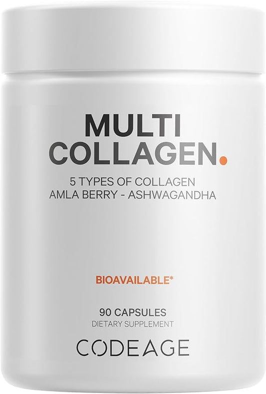 Codeage Multi Collagen Peptides Protein Capsules, 5 Collagen Types, Grass-Fed & Hydrolyzed Bovine Collagen Pills Supplement, Ashwagandha, Amla Berry Vitamins, Collagen Peptides - 90 Capsules