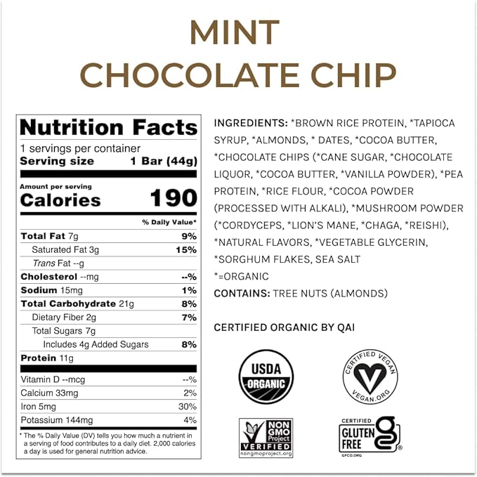 Organic Functional Mushroom Protein Bars | Full Dose (1500mg) Lions Mane, Chaga, Reishi & Cordyceps Bars | Vegan Protein Bars, Adaptogens, Superfoods Protein Bars | Mint Chocolate Chip Flavor