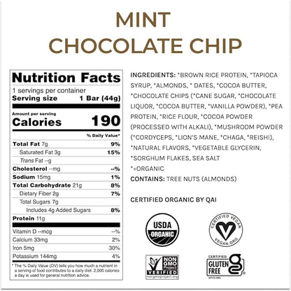 Organic Functional Mushroom Protein Bars | Full Dose (1500mg) Lions Mane, Chaga, Reishi & Cordyceps Bars | Vegan Protein Bars, Adaptogens, Superfoods Protein Bars | Mint Chocolate Chip Flavor