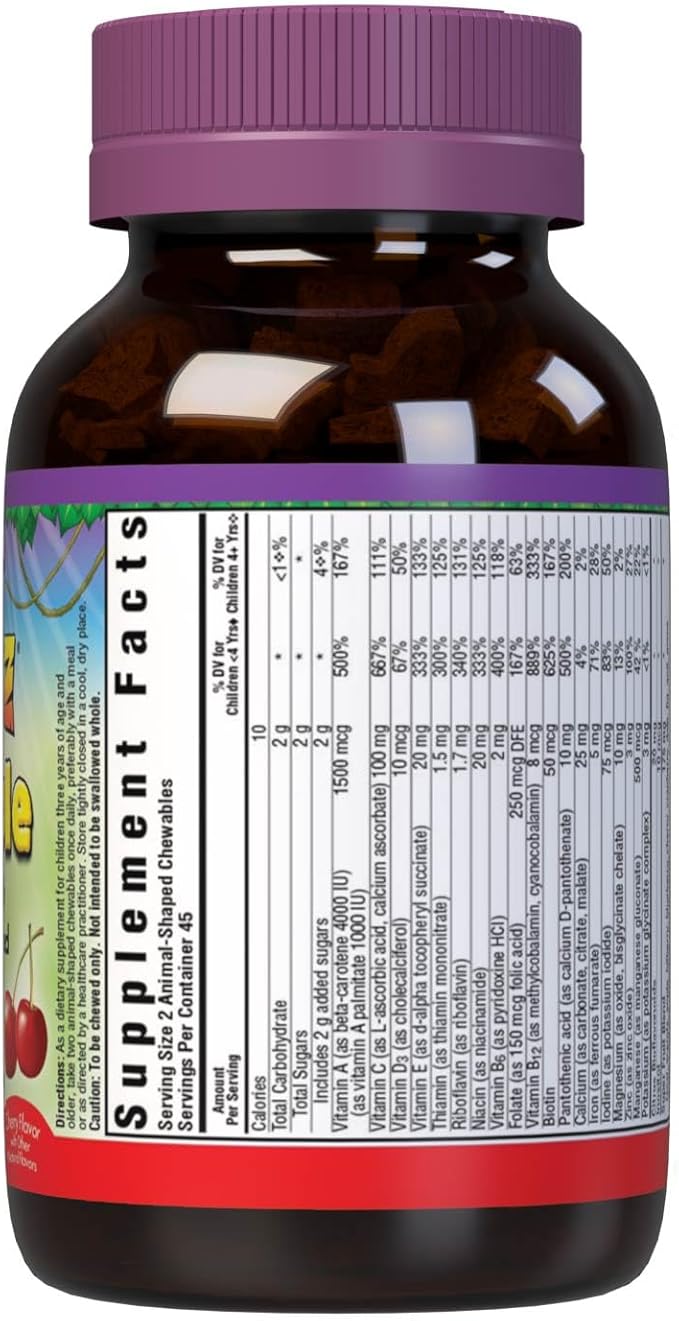 Bluebonnet RainForest Animalz Multiple Complete Daily WholeFood Based Supplement Blend Multivitamin & Essential Minerals for Immune Health & Nutrient Support - Gluten-Free - 90 Cherry Chewable Tablets
