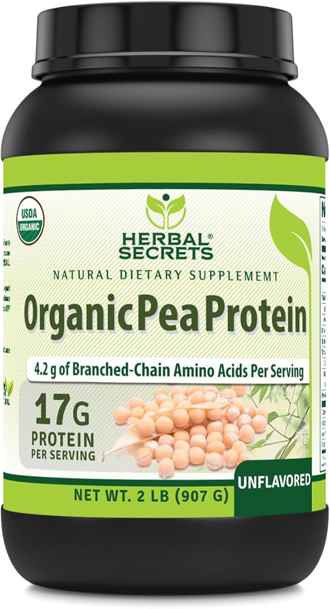 Herbal Secrets Organic Pea Protein Powder | 2 Lbs. | 17 Grams Protein Per Serving | 4.2 Grams BCAA Supplement | Non-GMO | Gluten Free | Made in USA