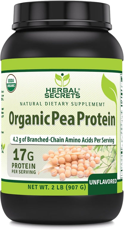 Herbal Secrets Organic Pea Protein Powder | 2 Lbs. | 17 Grams Protein Per Serving | 4.2 Grams BCAA Supplement | Non-GMO | Gluten Free | Made in USA