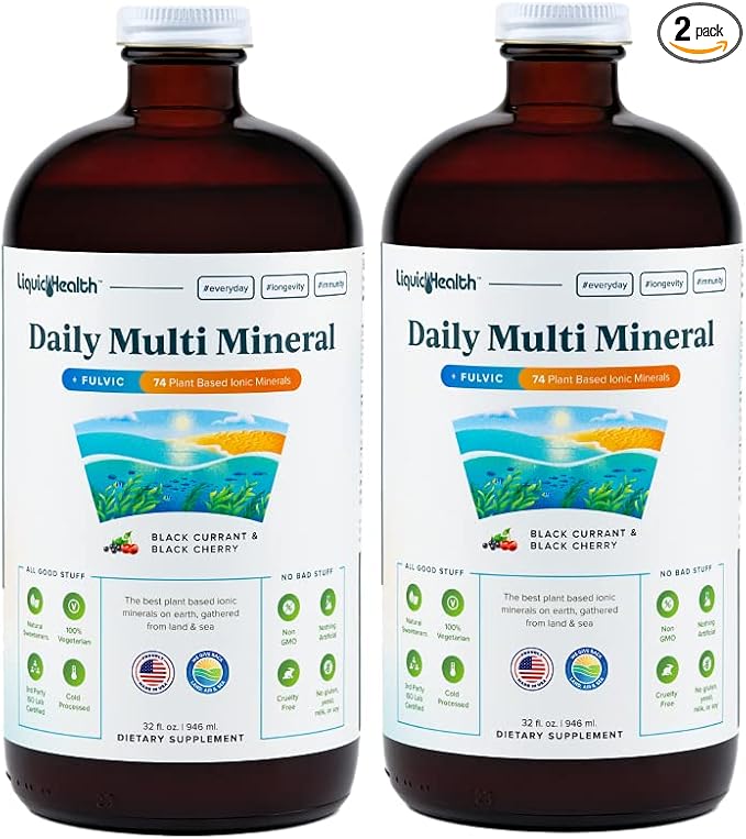 LIQUIDHEALTH Daily Multi Mineral Liquid Supplement with Fulvic Acid, Plant Based Ionic Aquamin Sea Trace Ocean Minerals - Immune Support, Energy, Gut Health, Detox - Vegetarian, Sugar-Free (2 Pack)